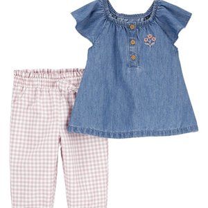 Carter's Girls Blue Chambray Angel-Sleeve Top & Matching Pants--size 24 mos